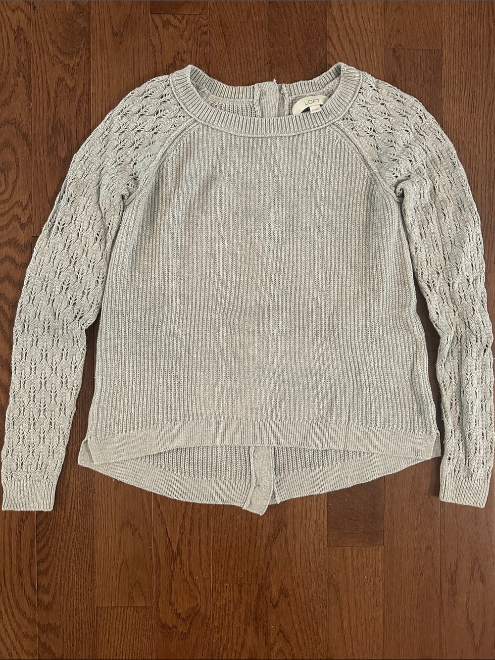 LOFT Light Gray Crewneck Sweater with Lace Raglan Sleeves